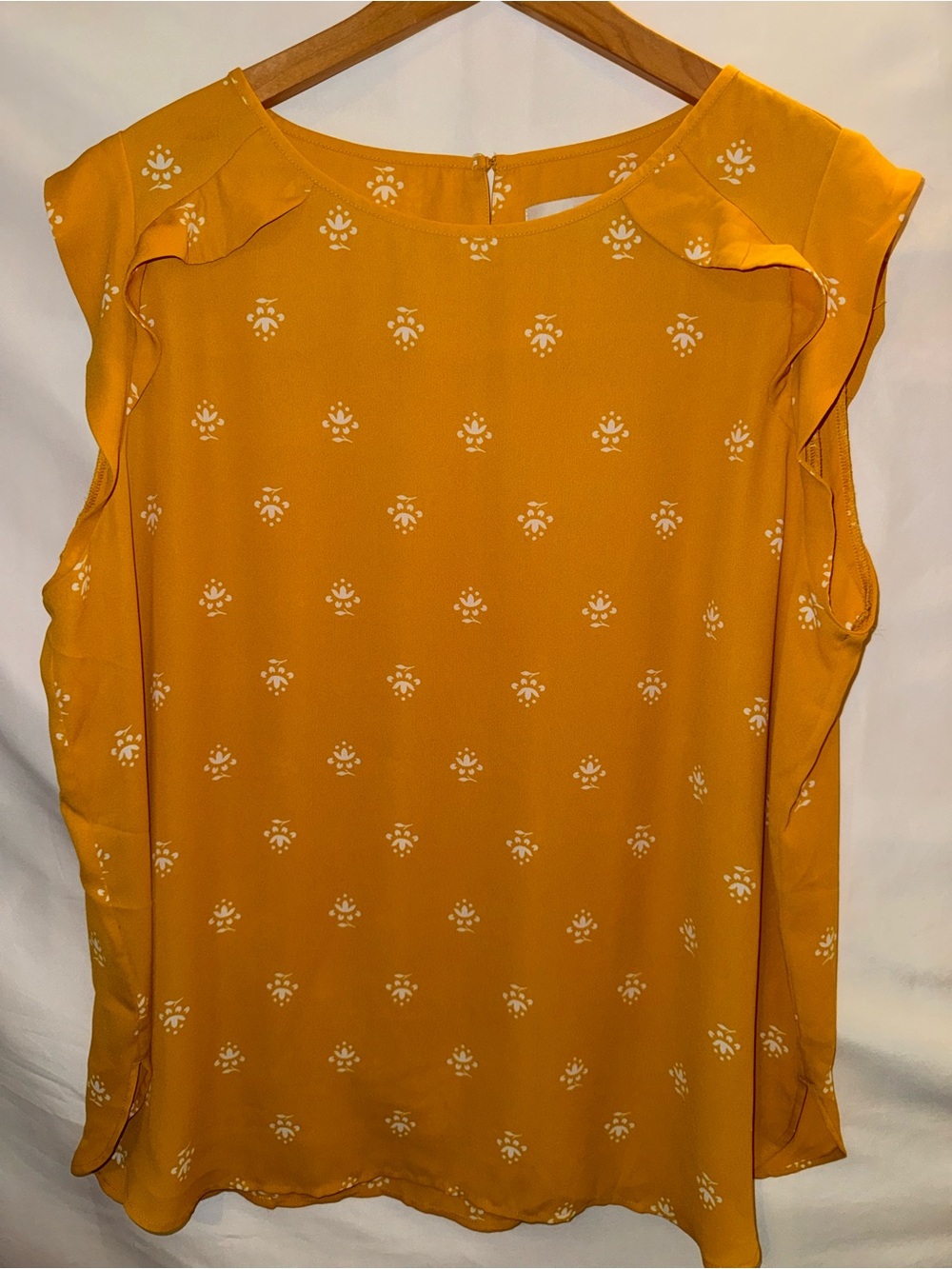 Loft Mustard Yellow Floral Print Ruffle Sleeve Blouse